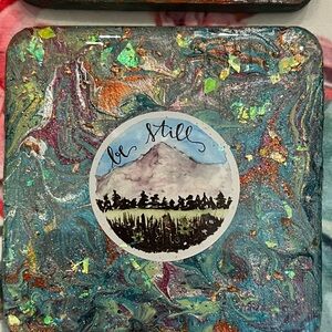 Set of 4 handmade wooden coasters with colorful resin patterns & design